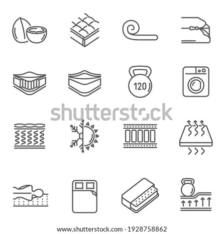 Mattress features thin line icons set isolated on white. Spine support, washable cover, pressure, innerspring, foam outline pictograms collection. Bedding properties vector elements for web.