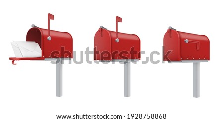 Mailboxes open, closed, with letters red realistic templates set. Outdoor drop boxes, street postboxes, letterboxes. Vector post collection illustration isolated on white background.
