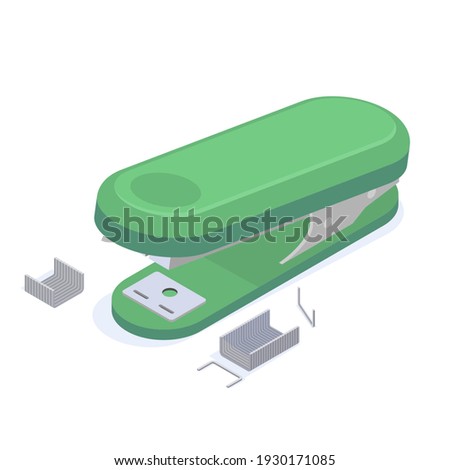 Stationery green office stapler with staples for stapling paper documents isometric vector illustration. Accessory equipment for attached paperwork or associate with metal clip isolated on white Foto stock © 