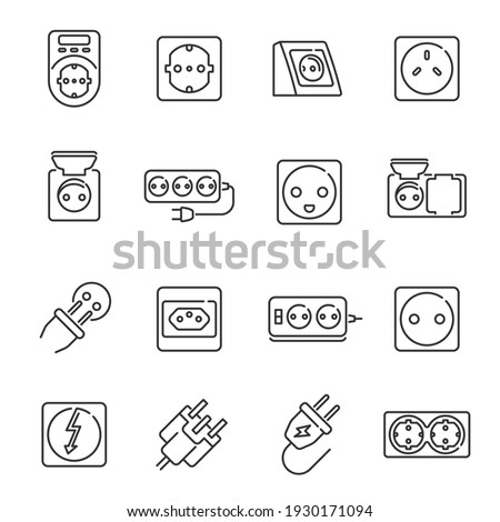 Collection of simple monochrome contour plug socket line icon vector illustration. Set symbols of electrical power adapter equipment consumption connector energy connection electricity device