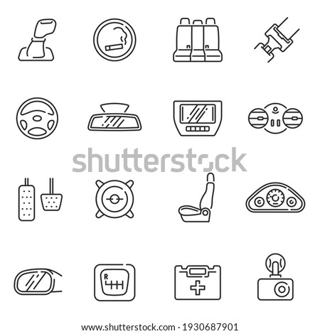 Collection of car interior details line icon vector illustration. Set of seat back seats dashboard transmission pedals first aid kit dvr and safety belt monochrome outline style isolated on white