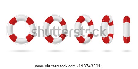 Collection of realistic lifebuoy striped circle with shadow vector isometric illustration. Set of various perspectives rescue life belt isolated on white. Survival ring marine equipment lifeline
