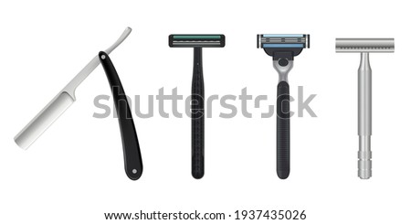 Collection of realistic man razor vector illustration. Set of different colorful wet shave razors isolated on white. Bundle of shaving mock up equipment. Accessories for beauty care procedure