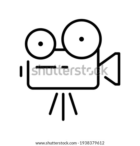 Simple retro movie camera linear icon vector illustration. Monochrome cinema production with filmstrip and projector isolated on white. Outline broadcasting multimedia equipment recording technology