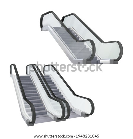 Set of realistic escalator stairway electronic equipment vector illustration. Moving ramp stairs of different types isolated on white. Modern technology for human transportation in various direction