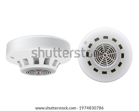 Realistic white smoke detector with red indicator vector illustration. Set alarm fire sensor front and side view isolated. Electronic emergency detection device for security with sound signal service