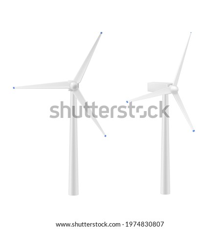 Realistic wind turbine generator vector illustration. Set alternative renewable power generation or green energy front angle isometric. Windmill with white vanes isolated. Eco friendly aerogenerator