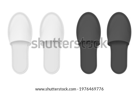 Set of realistic home hotel slippers vector illustration. Top view of black and white domestic comfortable footwear isolated. Bath soft shoes with classic design. Pair of textile household shoe