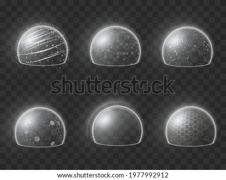 Collection realistic bubble shield vector illustration. Set of energy or defense deflector, force bubble isolated on black transparent. Science fiction element or grid of absolute protection Stockfoto © 