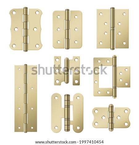 Set brass door hinges various shapes vector illustration in realistic style. Collection golden metallic equipment for attached construction isolated on white. Glossy hardware stainless yellow surface