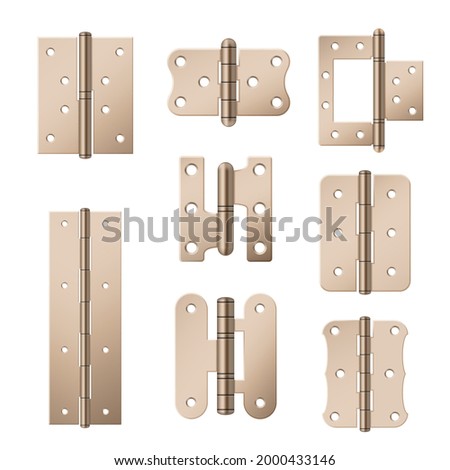 Collection of copper hinges for doors realistic vector illustration. Set of ironware various shapes with hole for fixing isolated on white. Brass equipment for architecture construction interior