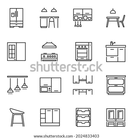 Collection of linear simple kitchen furniture icon vector illustration. Set of line art monochrome modern comfortable home cuisine furnishing isolated on white. Household appliances interior
