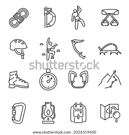Collection of linear simple climbing icon vector illustration. Set of monochrome alpinism, mountaineering, equipment, hiking, tourism, outdoor hobby isolated on white. Extreme sport leisure activity
