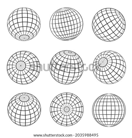 Collection of realistic black globe grid vector illustration. Set of striped 3d spheres geometry shapes earth latitude and longitude line isolated on white. Spherical cartography form orbit model