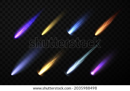 Set of neon space falling down comets, meteorites and asteroids realistic vector illustration. Meteors fire trails isolated on black transparent. Fireball and star glowing gas and dust tails at galaxy