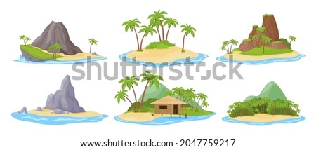 Tropical island at sea ocean set vector flat illustration. Exotic natural landscape for vacation or summer weekend holiday isolated. Palm tree paradise with mountains, cliff and bungalow at rainforest