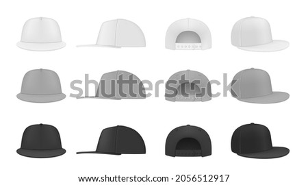Realistic fashion rap cap set vector illustration. Collection stylish hip hop headdress front, back and side view isolated. Stylish black, gray and white headwear with visor. Headgear design template