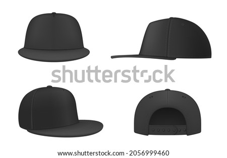Realistic black rap cap with straight visor set vector illustration. Collection of hip hop fashion headdress accessory side, front and back view isolated on white. Modern tissue headgear