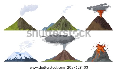 Erupting volcano set vector flat illustration. Natural volcanic activity with magma, smoke, ashes isolated on white. Volcanoes hot lava eruption. Mountains rocky hills with green grass and snowy tops