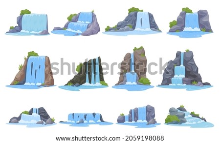 Cartoon waterfall set vector flat illustration. Collection natural water streaming mountain cliff beautiful river cascade isolated on white. Tropical nature flowing panorama landscape with green grass