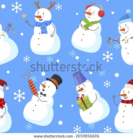 Christmas childish snowman seamless pattern vector flat illustration. Traditional winter character wearing bucket, ear smurfs, festive garland and sparklers with snowflakes wrapped texture wallpaper