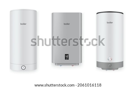 Realistic boiler set vector illustration. Electric water heater for comfortable household isolated. Modern circle and squared convenience equipment with burner indicator temperature for bathroom
