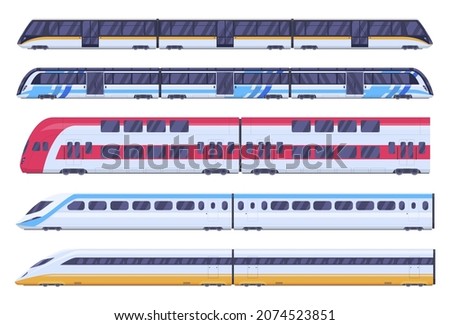 Passenger trains modern railway carriage set vector flat illustration. Collection contemporary railroad express machinery people delivery movement transportation isolated. Urban travel subway