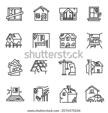 Monochrome old destroyed buildings set line icon vector illustration. Abandoned, broken, damaged, scary, dilapidated house simple linear logo isolated on white. Dilapidated countryside architecture Photo stock © 