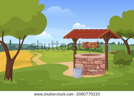 Old water well summer countryside landscape vector flat cartoon illustration. Brick structure in ground for accessing aqua with bucket natural garden rustic scenery. Bucketful raising by pulling rope