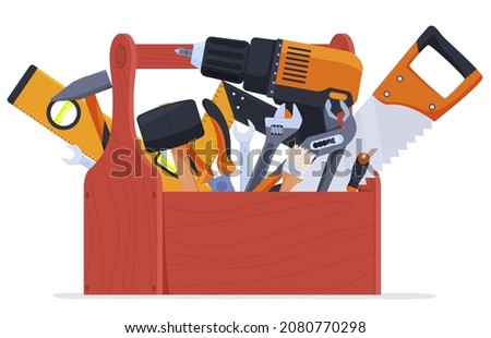 Wooden toolbox full of repair or construction instrument vector flat cartoon illustration. Workman's or craftsman toolkit isolated. Workbox with hand tools inside. Hardware supply, renovation service