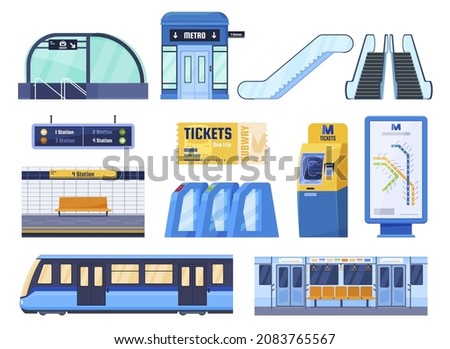 Subway element infographic set vector flat illustration. Modern public transportation collection stairs, entrance, escalator, station, ticket, atm, scheme, indoor and outdoor railway carriage isolated