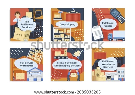 Collection fulfillment warehouse service poster with place for text vector flat illustration. Set dropshipping center, top assistance equipment for business. Logistic storage management distribution