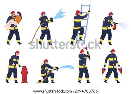 Male firefighters characters set vector flat illustration. Fireman emergency safety actions carrying victim, hose, climbing on stairs, use fire extinguisher, bucket and ax, plumbing column isolated