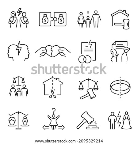 Monochrome divorce line icon set vector illustration. Simple logotype of relationship trouble, conflict, broken heart, property money and children division, trial processing, offend isolated Stockfoto © 