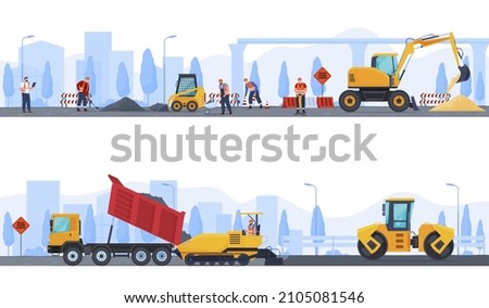 Workers with machinery doing road repair set vector flat illustration. Male industrial staff constructing asphalt cover surface highway on city silhouette. Drilling machine, bulldozer, caution sings