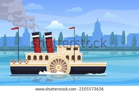 Retro steamboat floating on sea river water at antique city silhouette vector flat illustration. Passenger ferry boat with wheel and pipe smoke navy vessel cruise travel. Maritime cargo transportation