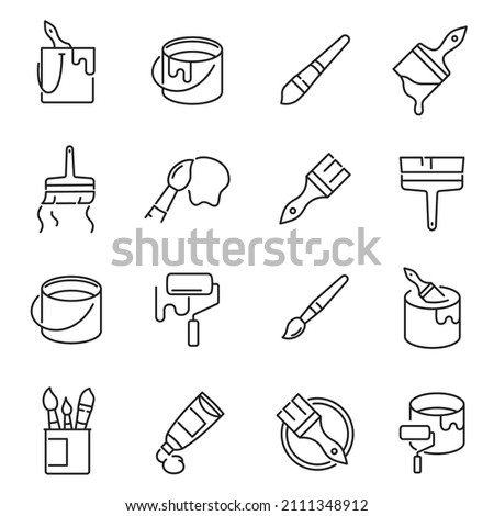 Monochrome brushes and paints collection line icon vector illustration. Simple linear renovation painting interior improvement equipment and art isolated. Paintbrush with handle, bristle, bucket