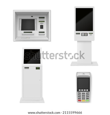 Realistic payment machine collection vector illustration. Self order kiosks, ATM, POS terminal for banking financial transaction isolated. Modern devices cash and e money checkout digital technology