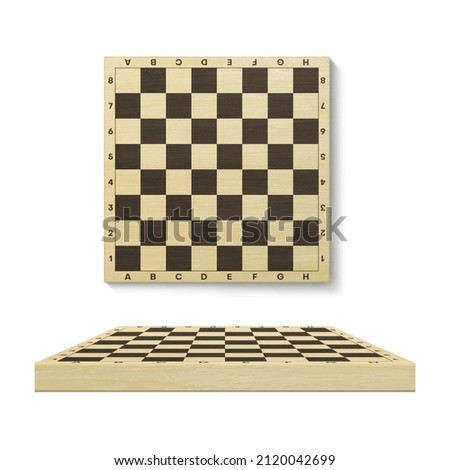 Realistic chess board set isometric vector illustration. Empty wooden chessboard 3d template for intelligence game competition isolated on white. Strategy logic checkerboard gaming for two players