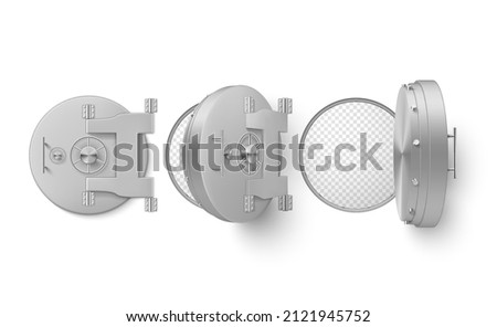 Realistic bank vault circle open and close door set vector illustration. Banking steel safe gate opening motion sequence animation. Round entrance storage mechanism with welds and rivets slightly ajar