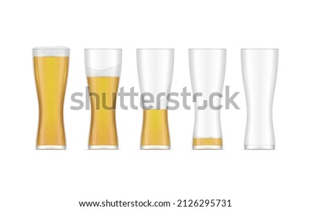 Collection tall glasses with beer full and empty realistic vector illustration. Set transparent glassware filling lager foam isolated. Carbonated malt yellow alcohol beverage sequence