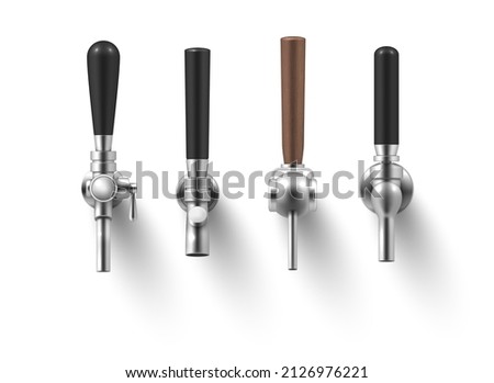 Collection realistic beer taps with brown and black handles different shape vector illustration. Set different type equipment for bar pub isolated. Faucet for pouring beverage with stainless elements