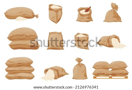 Collection large textile bags of rice vector flat illustration. Set of burlap sacks full of groats. Agricultural dry product harvest open and tied for storage on wooden pallet. Natural organic food