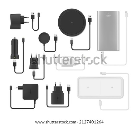 Collection realistic charges for various gadgets vector illustration. USB micro cables, connectors, portable power bank, sockets and plug. Set of 3d template electric connector for phone, watch, pc