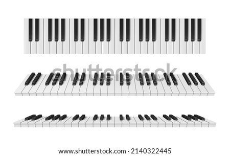 Collection realistic musical instrument row of black and white keys vector illustration. Set classical piano keyboard different side placement isolated. Artistic melody sound chord play performance