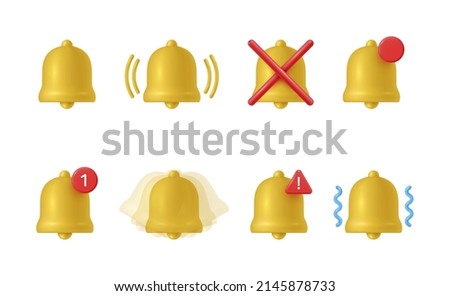 3d notification golden bell icon collection realistic vector illustration. Set ring attention alert reminder signal new incoming message, call, vibration, sound off, mute, newsletter mailbox isolated
