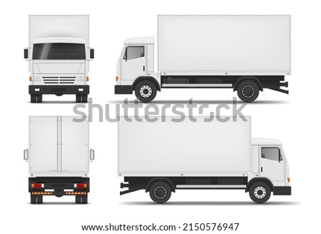 Collection realistic light truck front back and side view vector illustration. Set lorry van with box cargo logistic transportation service. Commercial freight delivery industrial machinery vehicle