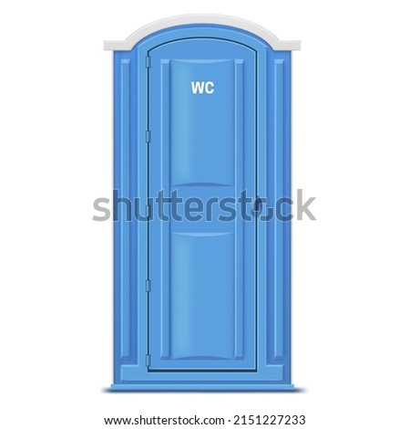 Realistic blue dry water closet cabin front view vector illustration. Portable chemical bio toilet outdoor mobile plastic lavatory stall isolated on white. Modern public restroom movable WC