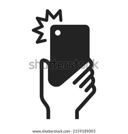 Monochrome human hand holding smartphone camera shot flare icon vector illustration. Minimalist arm taking photo on mobile phone using digital device application isolated. Photographing technology