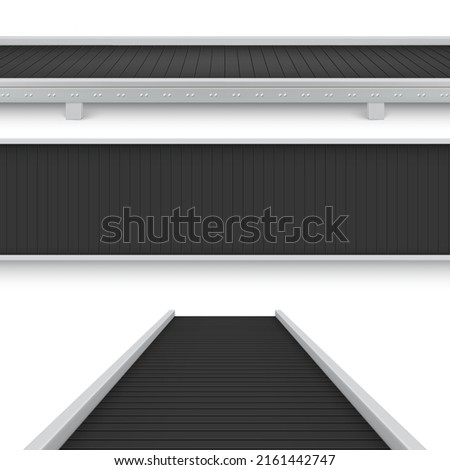 Collection realistic conveyor belt top front side view vector illustration. Set industrial empty production line automated manufacturing engineering. Modern equipment for factory plant Stockfoto © 